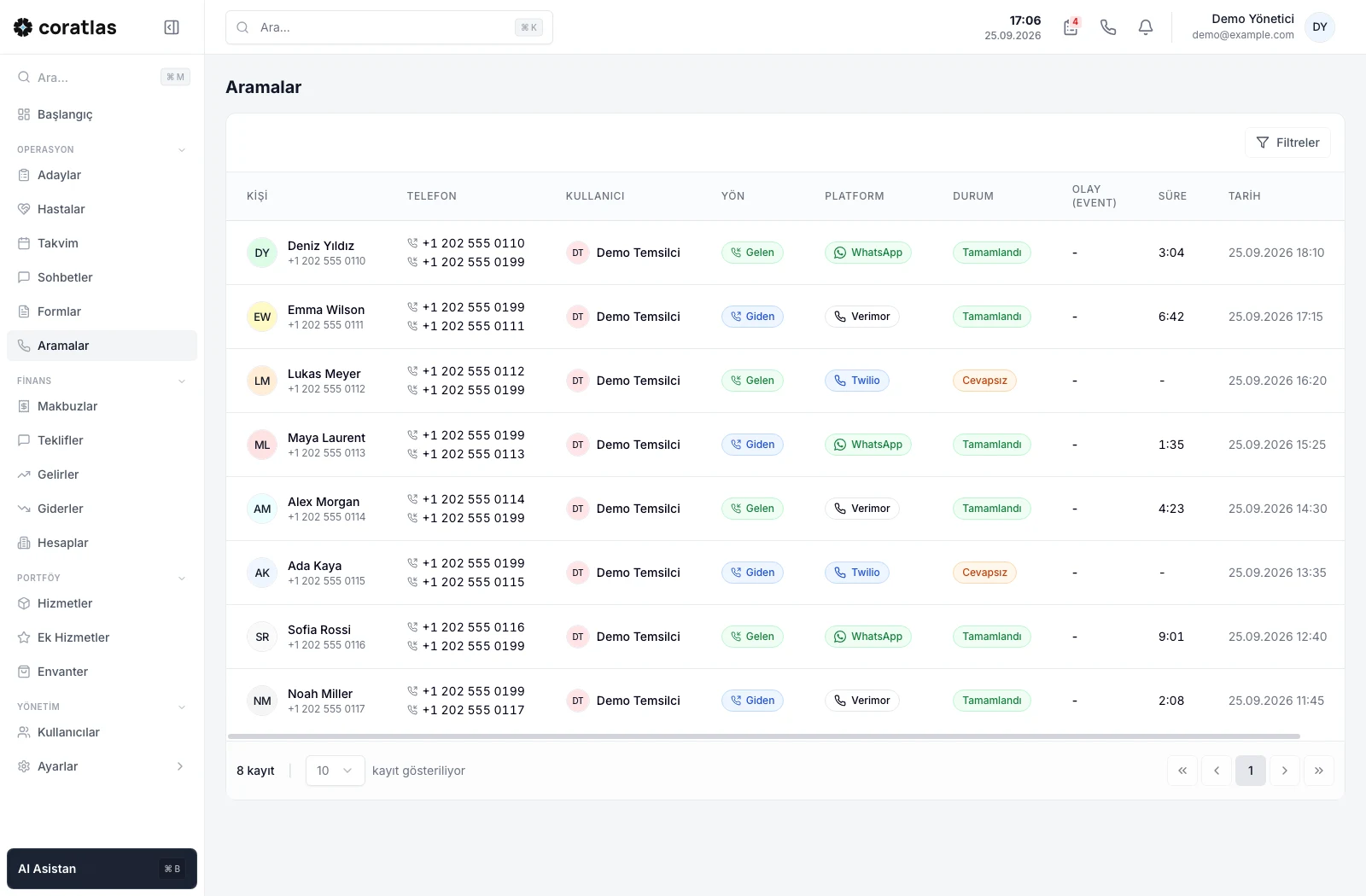 Coratlas Klinik arama geçmişi: WhatsApp, Verimor ve Twilio aramaları