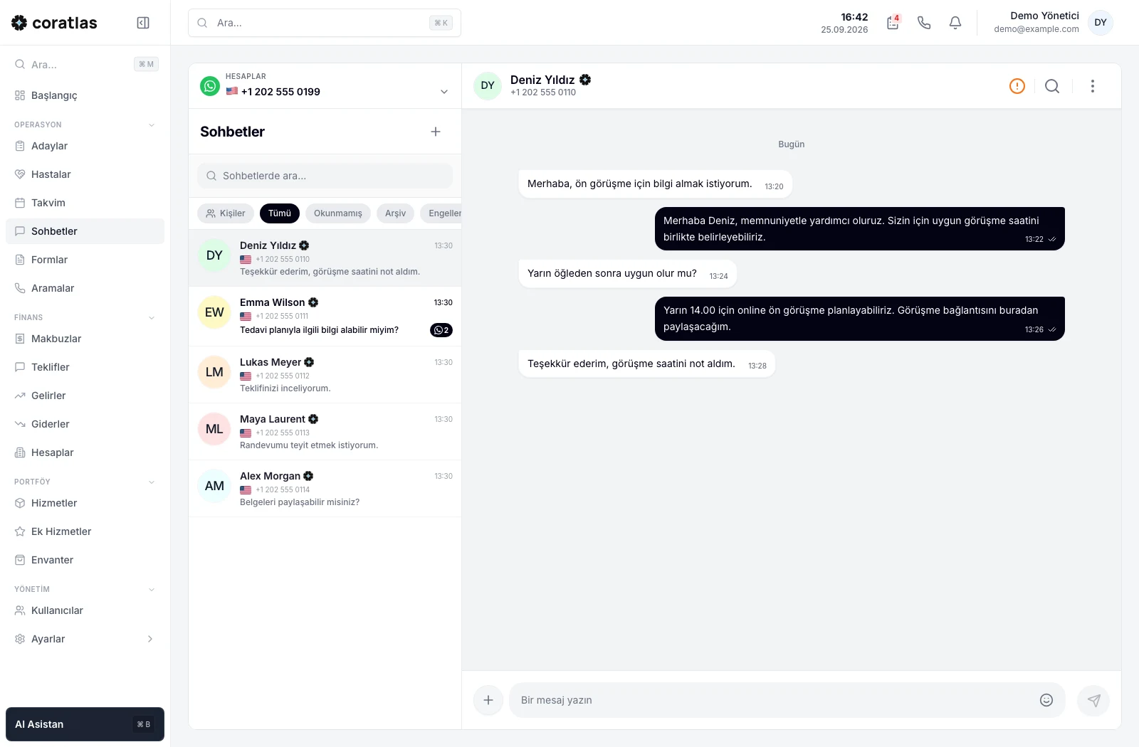 Coratlas Klinik WhatsApp sohbet ekranı